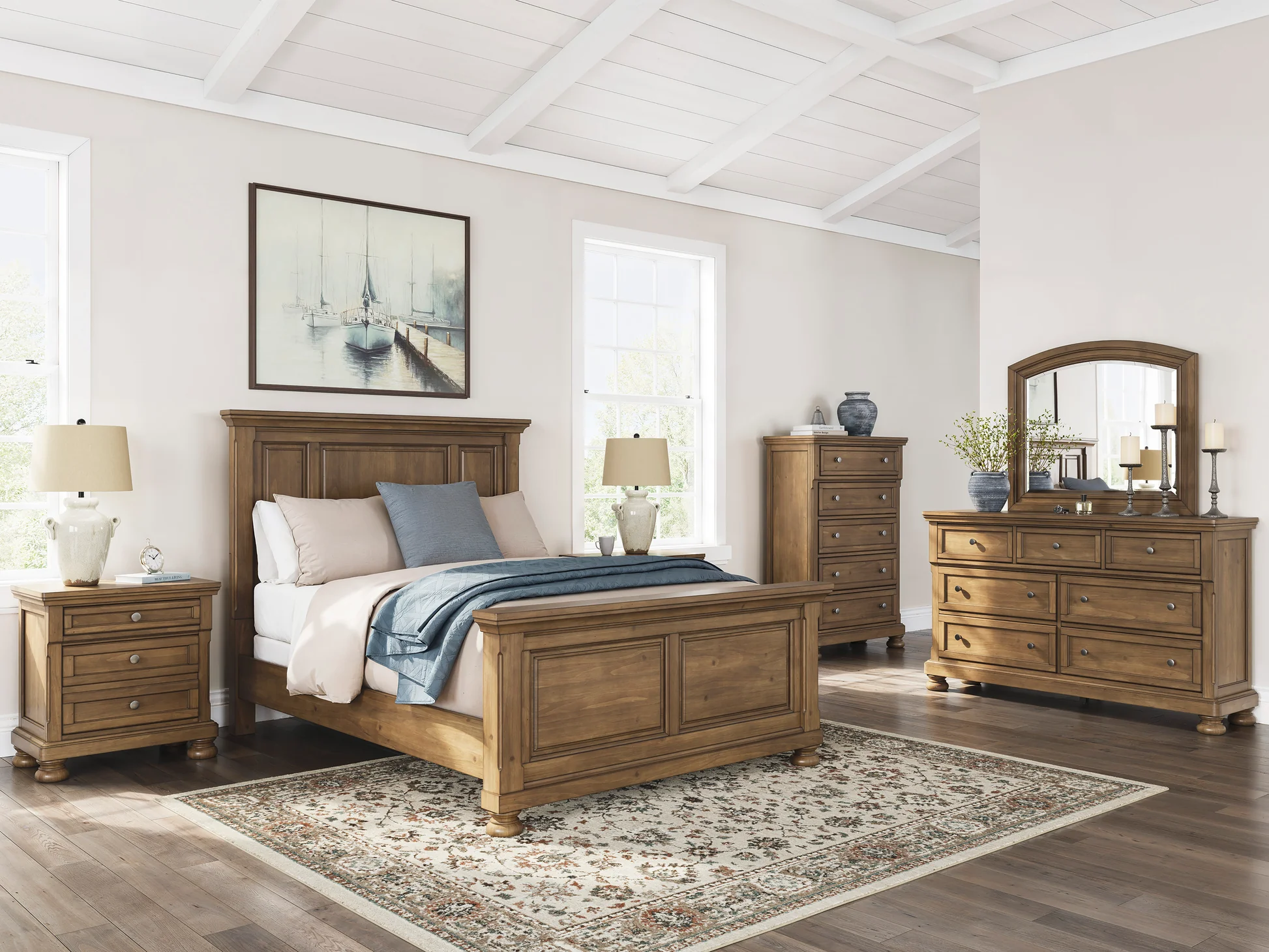 Ashley panel bedroom set — bed, dresser, mirror and nightstand — available at Mattress Direct Oviedo