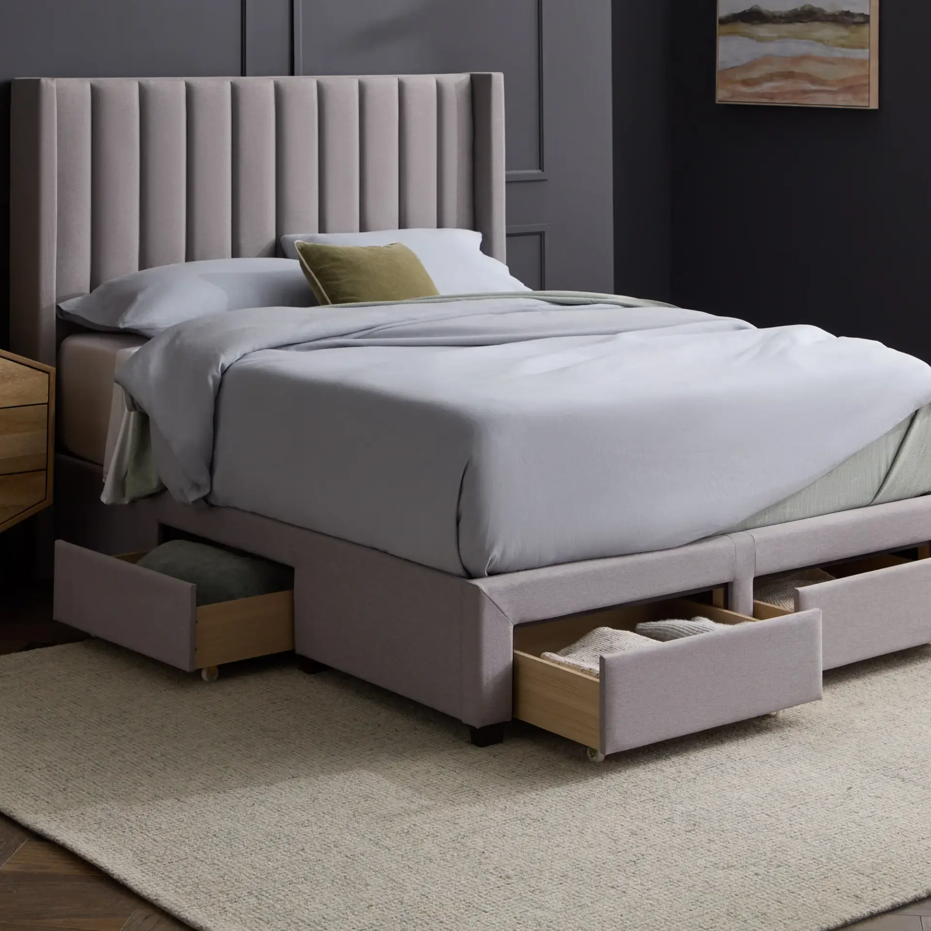 Malouf Watson platform bed base with storage drawers at Mattress Direct Oviedo